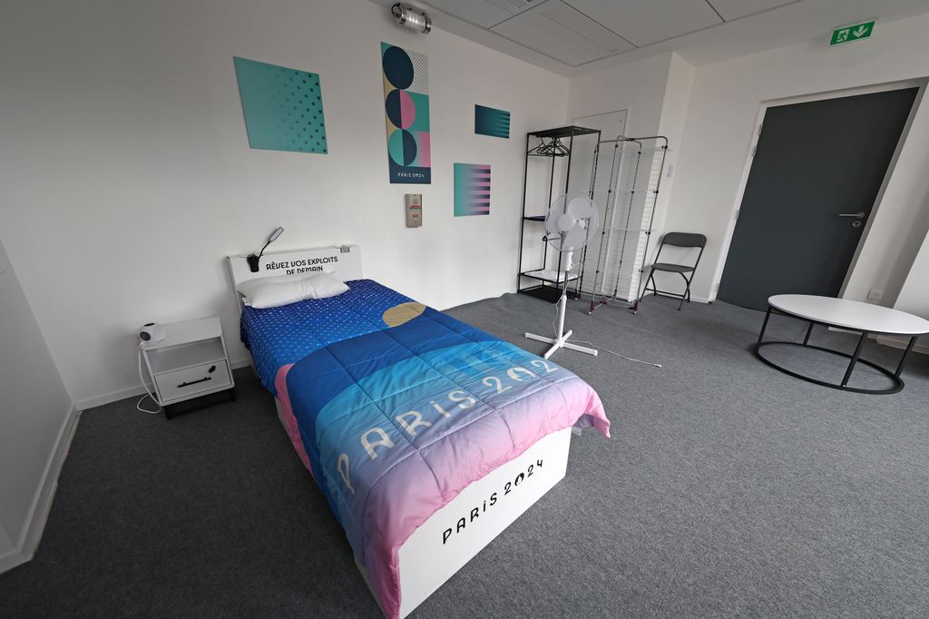 A cardboard bed inside an athletes' room at the Olympic Village in Paris, France.