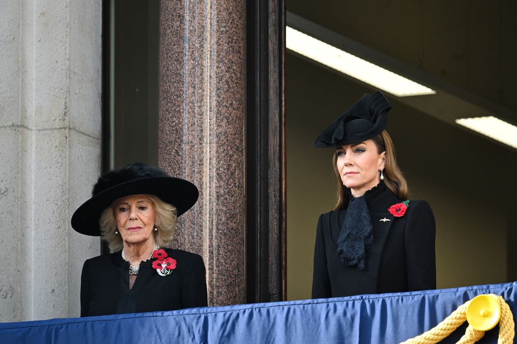  Queen Camilla and Catherine, Princess of Wales reflect during a two minute silence at the 2025 National Service Of Remembrance at The Cenotaph 