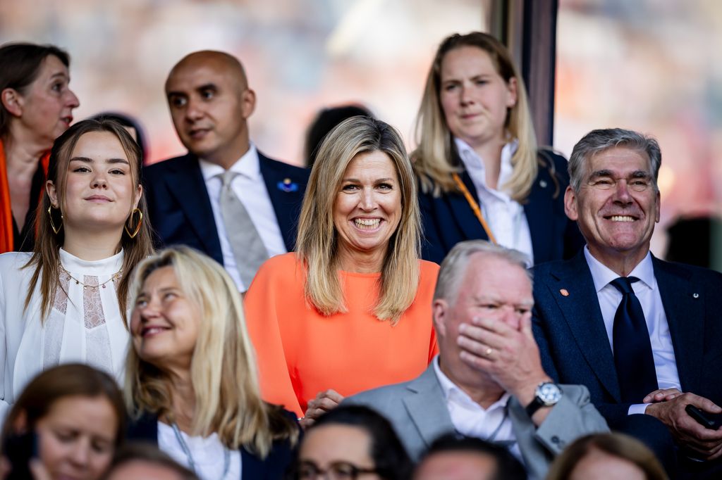 Princess Ariane, Queen Maxima and Dutch football federation chairman Frank Paauw on the stand