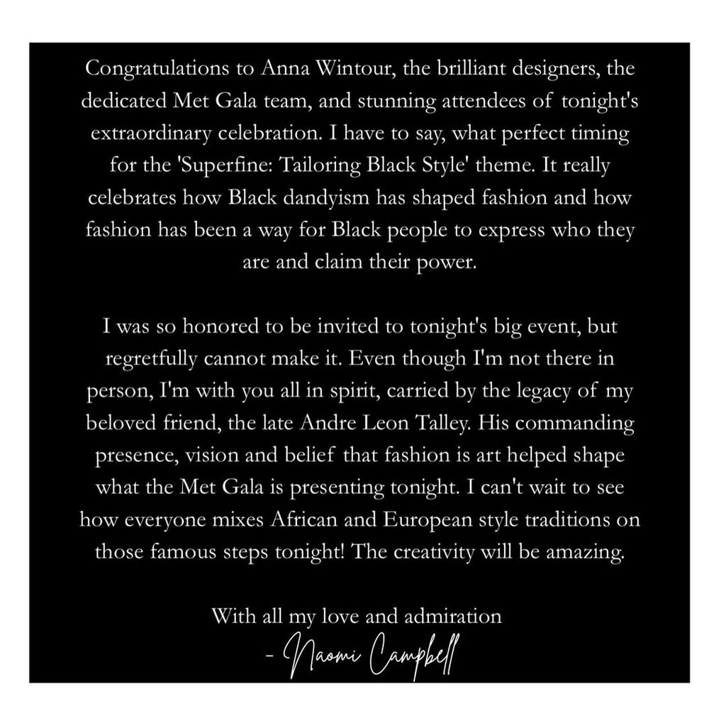 Naomi Campbell's statement about her decision to miss the 2025 Met Gala