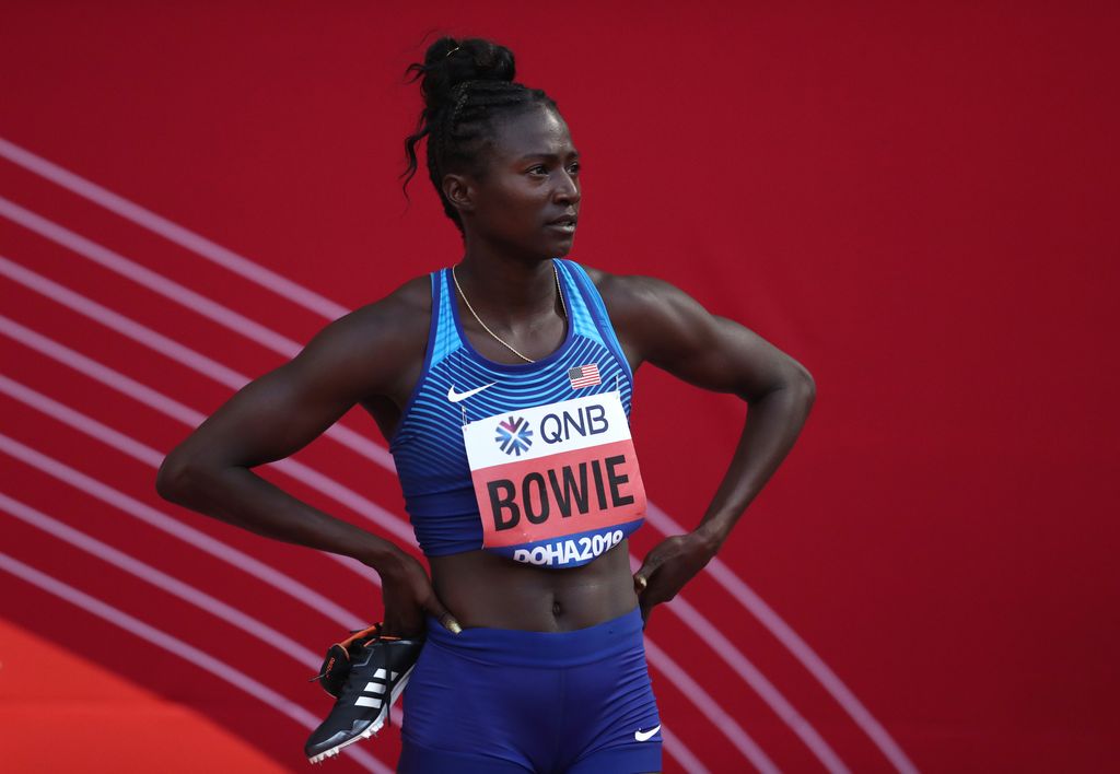 Tori Bowie of the United States reacts after the Women's 100m heats during day two of 17th IAAF World Athletics Championships Doha 2019 