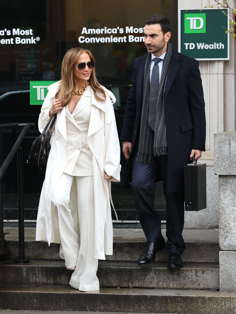 Jennifer Lopez and Brett Goldstein are seen on the set of "Office Romance" on April 07, 2025 in Hoboken, New Jersey