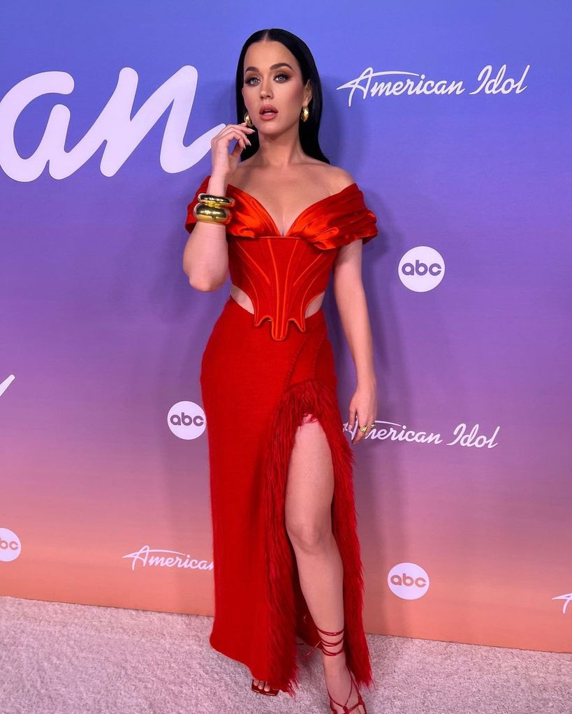 Katy Perry in a red two-piece outfit