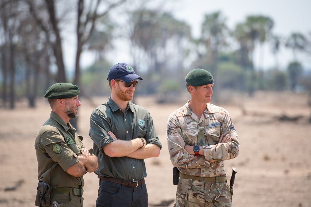 Harry watching an anti-poaching demonstration exercise at the Liwonde National Park in 2019