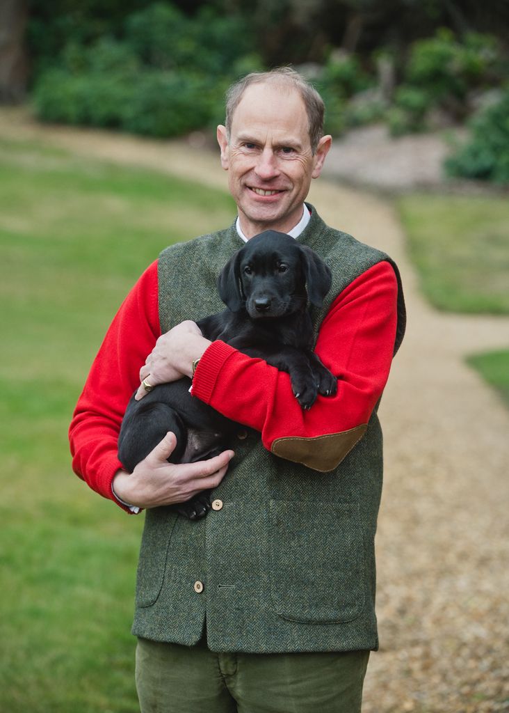 Prince Edward holding a black puppy