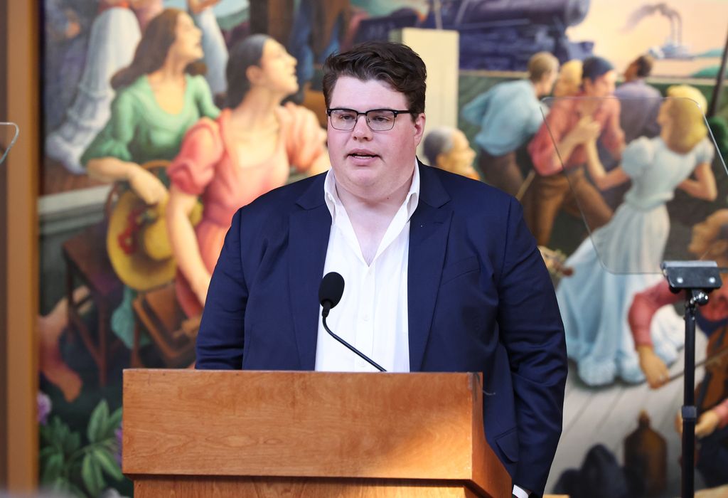 Toby Keith's son, Stelen Covel speaks at the announcement of the 2024 Country Music Hall of Fame Induction at Country Music Hall of Fame and Museum on March 18, 2024 in Nashville, Tennessee.