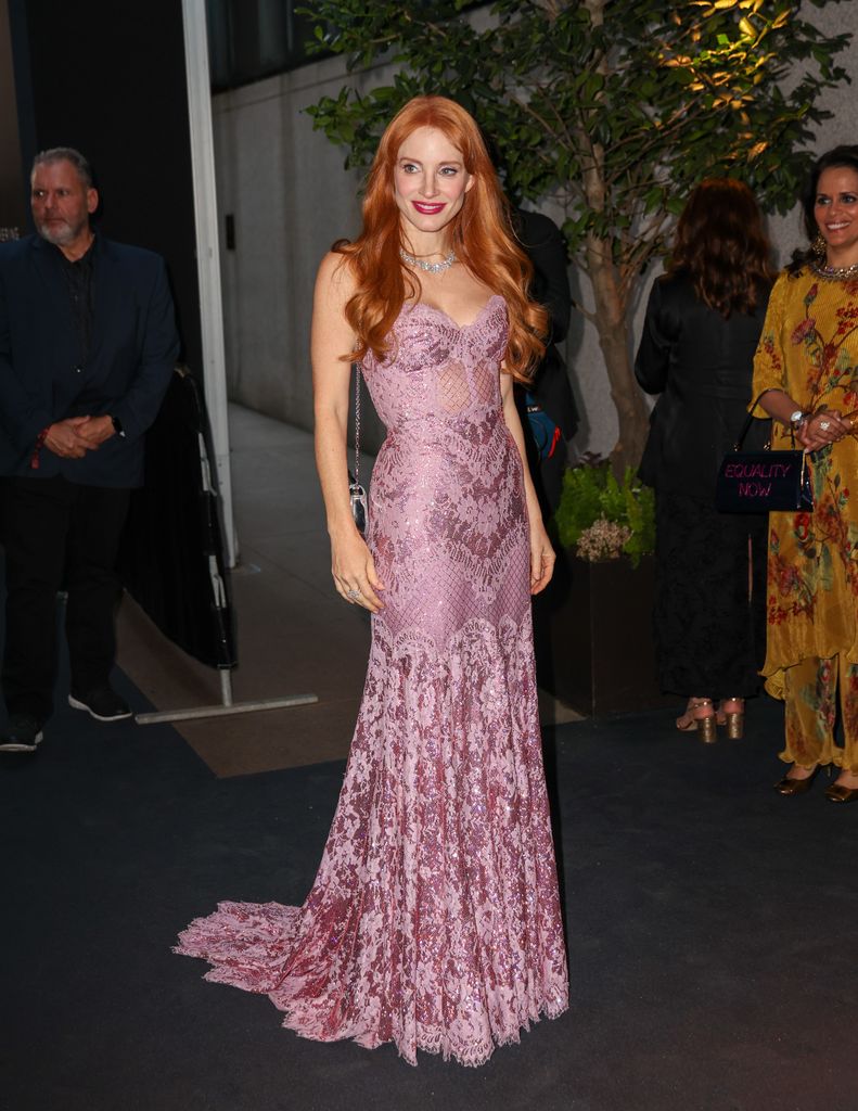 Jessica Chastain attends the Kering Foundation Fourth Annual 'Caring for Women' Dinner in New York in pink gown
