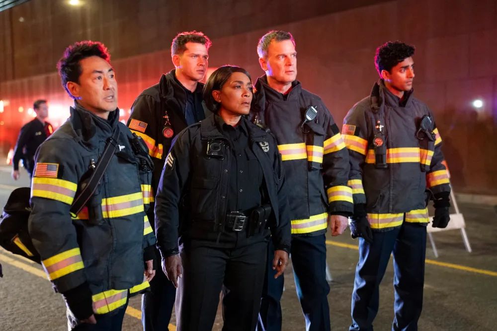 Kenneth Choi, Oliver Stark, Angela Bassett, Peter Krause and Anirudh Pisharody in still from 9-1-1