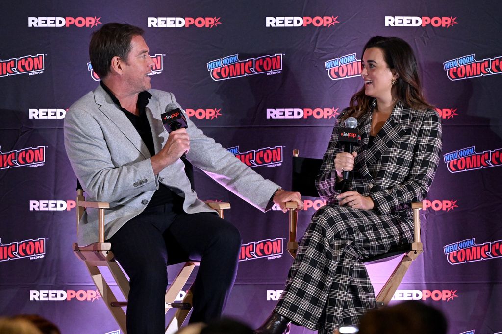 Michael Weatherly and Cote de Pablo speak onstage during the NCIS: Tony & Ziva Panel at New York Comic Con at Jacob Javits Center on October 09, 2025 in New York City. (Photo by Slaven Vlasic/Getty Images for Paramount+)