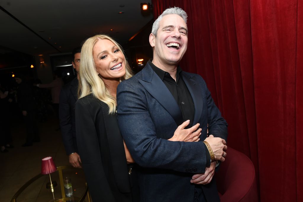 Kelly Ripa and Andy Cohen attend the CAA pre-Oscar party at Sunset Tower Hotel on March 08, 2024 in Los Angeles