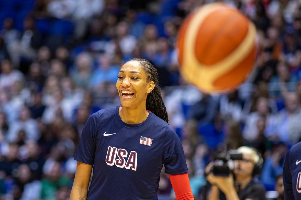 A'ja Wilson #9 of the United States during team warm-up before the USA V Germany, USA basketball showcase Women's basketball match in preparation for the Paris Olympic Games