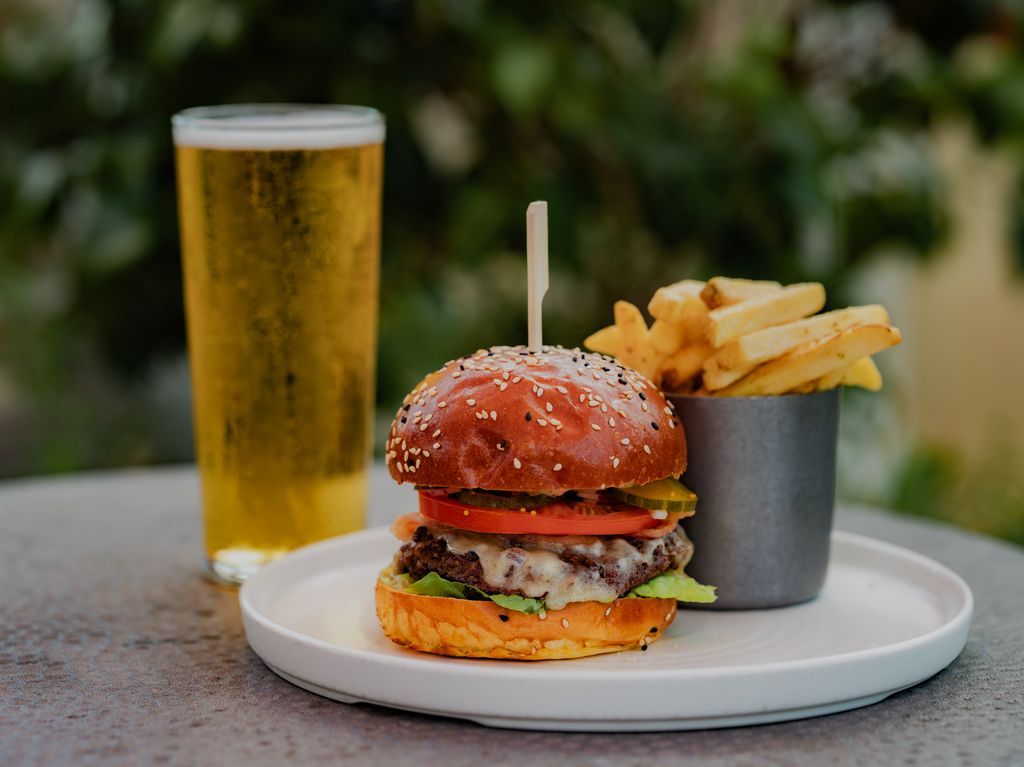 A burger, chips and a beer