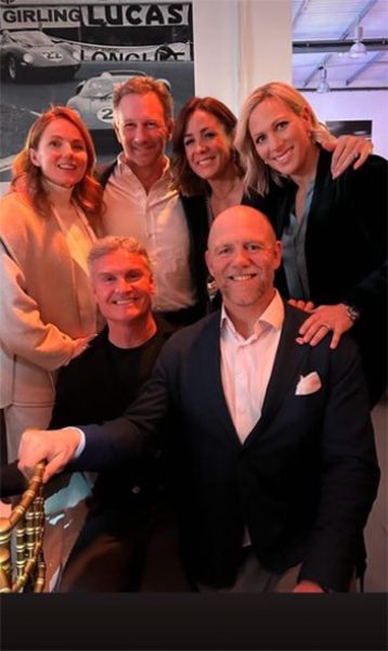 Geri and Christian Horner with David Coulthard and Karen Milani and Mike and Zara Tindall