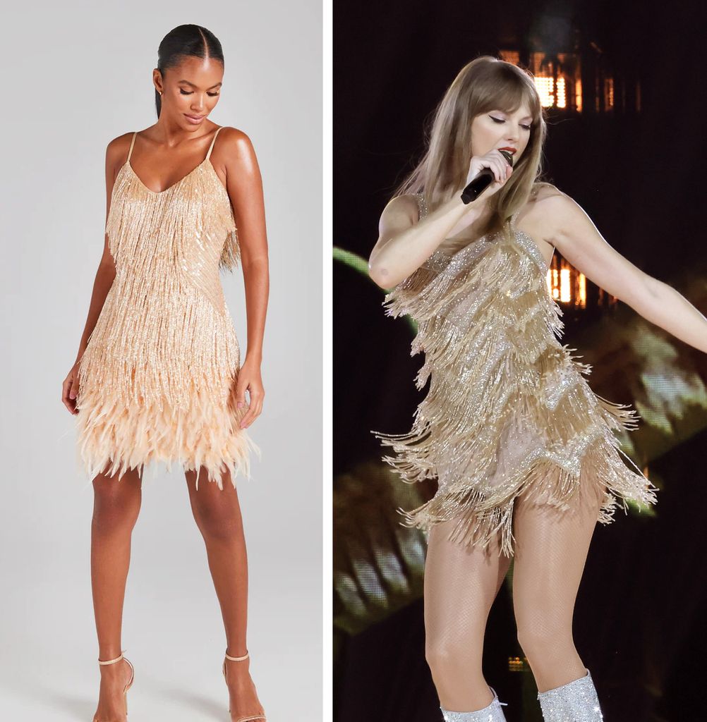 Model wears the Nadine Merabi Lottie dress, on the right is a picture of Taylor Swift in a gold-fringe dress on stage