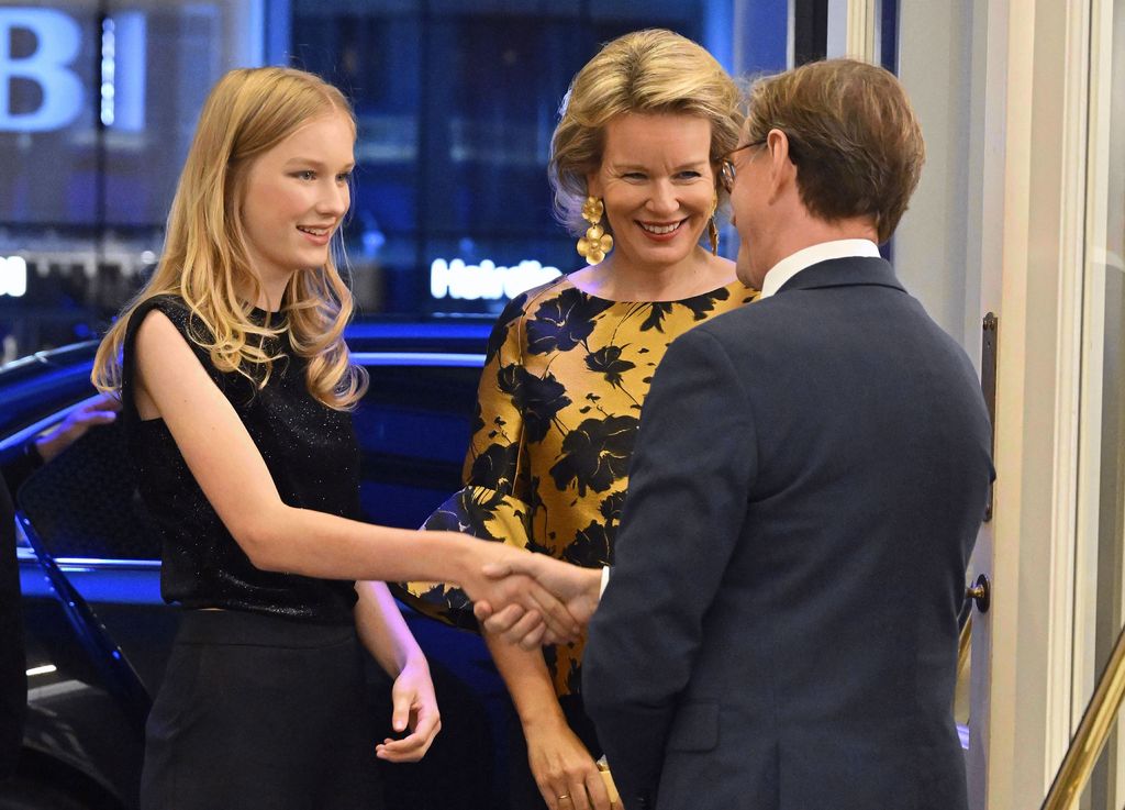 Queen Mathilde of Belgium and Princess Eleonore are welcomed at the opera