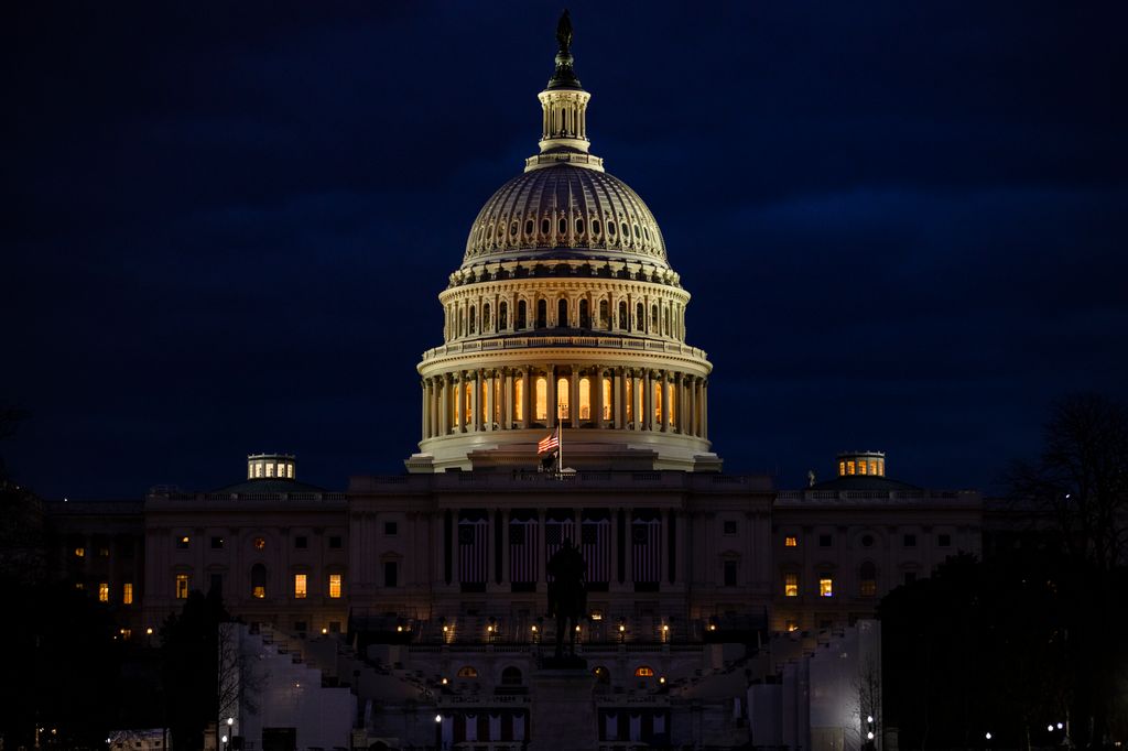 WASHINGTON, DC - JANUARY 17: The U.S. Capitol and the stages built for the Presidential Inauguration ceremony on January 17, 2021 in Washington, DC. After last week's riots at the U.S. Capitol Building, the FBI has warned of additional threats in the nation's capital and in all 50 states. According to reports, as many as 25,000 National Guard soldiers will be guarding the city as preparations are made for the inauguration of Joe Biden as the 46th U.S. President. (Photo by Samuel Corum/Getty Images)