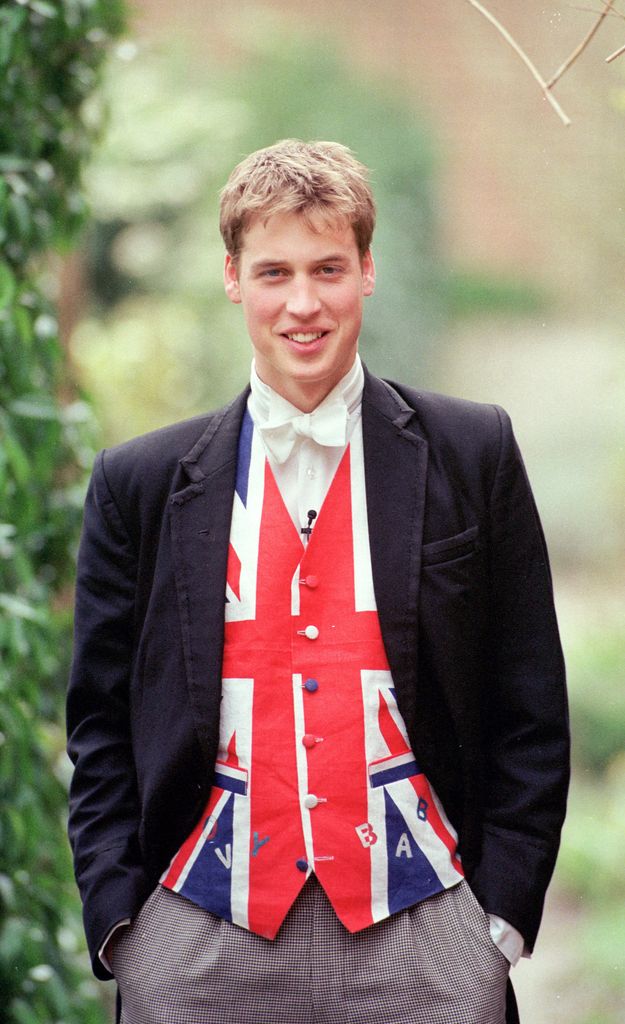 Prince William dressed as a prefect, with a union jack waistcoat at Eton in June 2000.