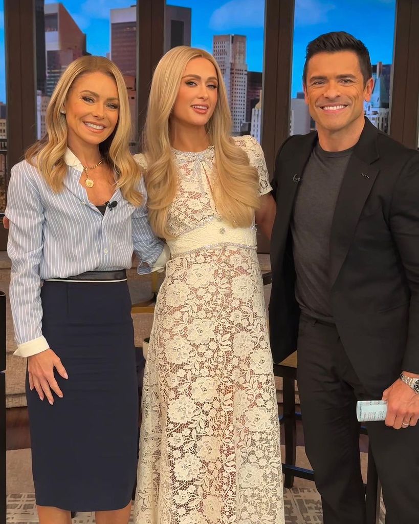 Paris Hilton makes a guest appearance on Live with Kelly and Mark with hosts Kelly Ripa and Mark Consuelos