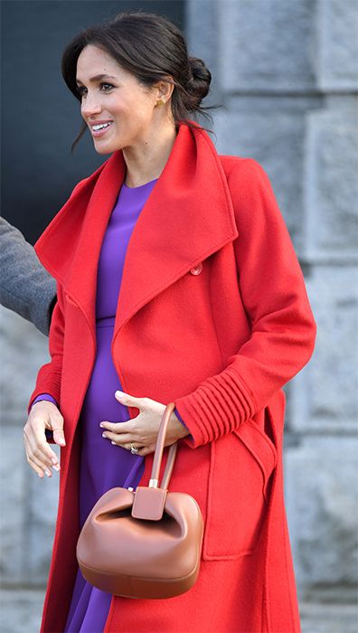 meghan markle red coat purple dress