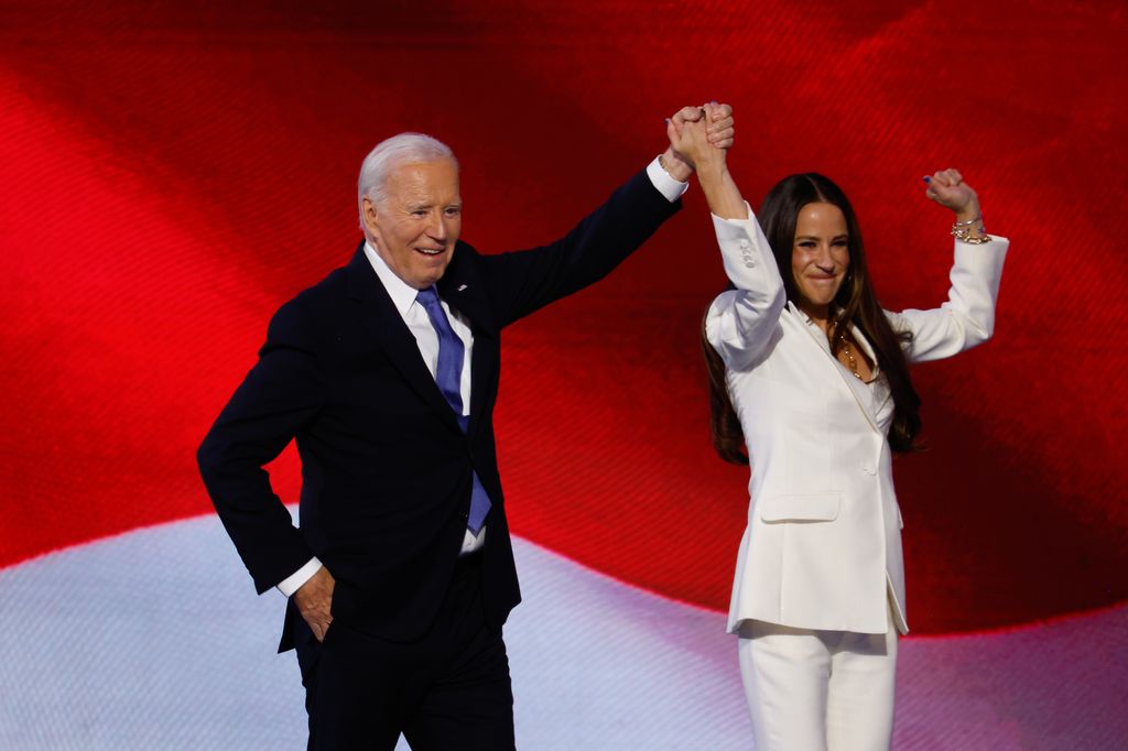 President Joe Biden and First Daughter Ashley Biden appear onstage during the first day of the Democratic National Convention at the United Center on August 19, 2024 in Chicago, Illinois.  Delegates, politicians, and Democratic party supporters are in Chicago for the convention, concluding with current Vice President Kamala Harris accepting her party's presidential nomination. The DNC takes place from August 19-22. (Photo by Chip Somodevilla/Getty Images)