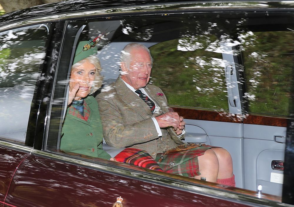 King Charles and Queen Camilla arriving at Crathie Kirk