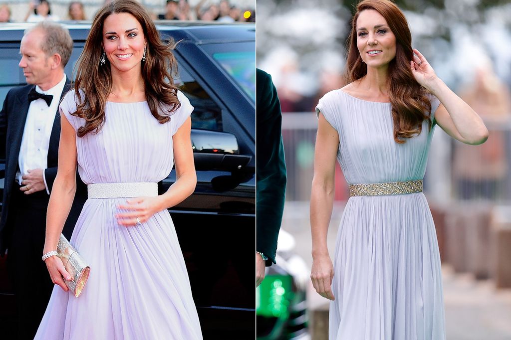 Kate Middleton em um vestido roxo