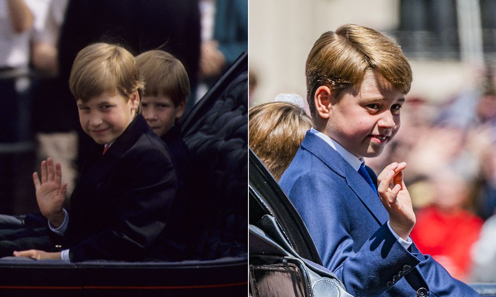 Prince William and George waving during the carriage procession