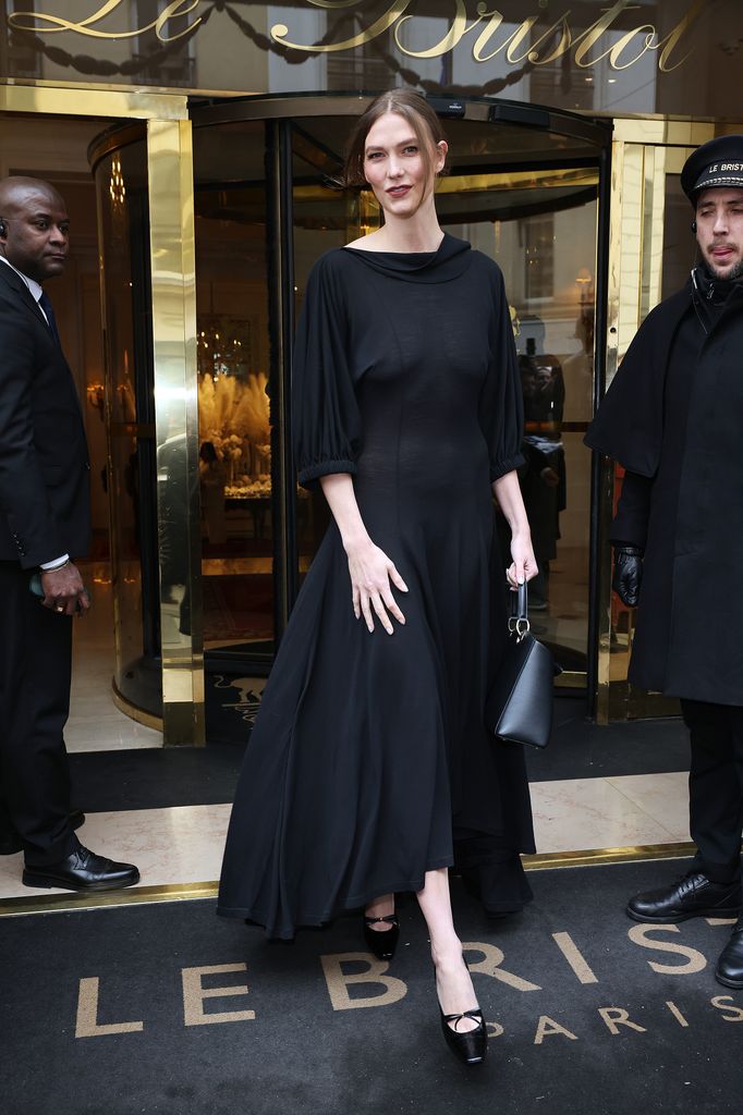 Karlie Kloss leaving her hotel ahead of Christian Dior during the Haute Couture Spring Summer 2026 as part of Paris Fashion Week on January 26, 2026 in Paris, France