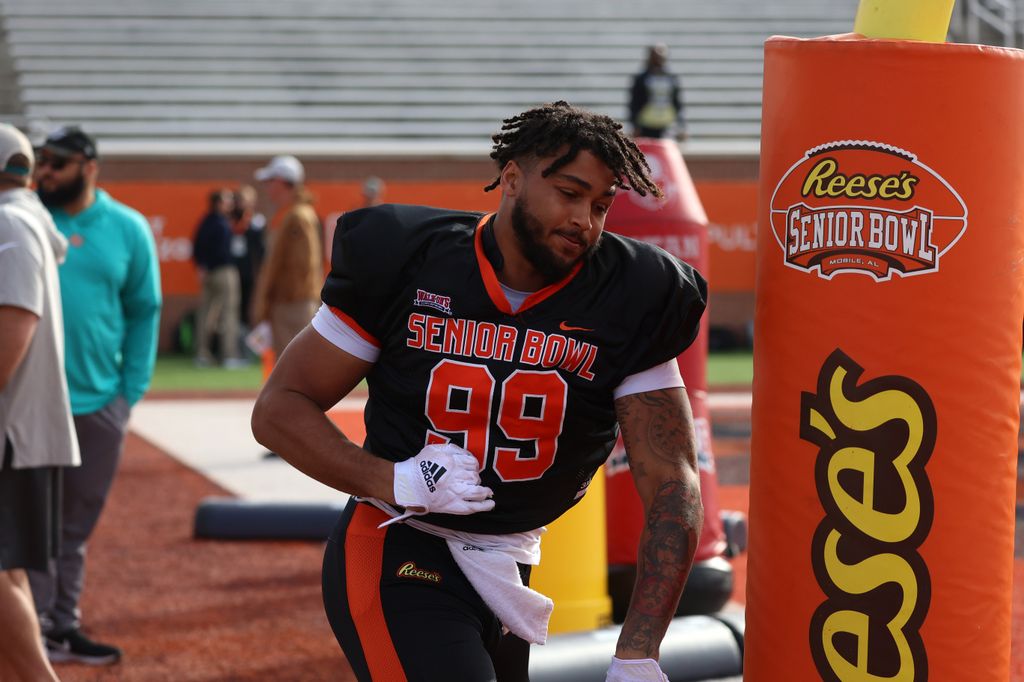 Marshawn Kneeland of Western Michigan (99) during the National team practice for the Reese's Senior Bowl on February 1, 2024 at Hancock Whitney Stadium in Mobile, Alabama