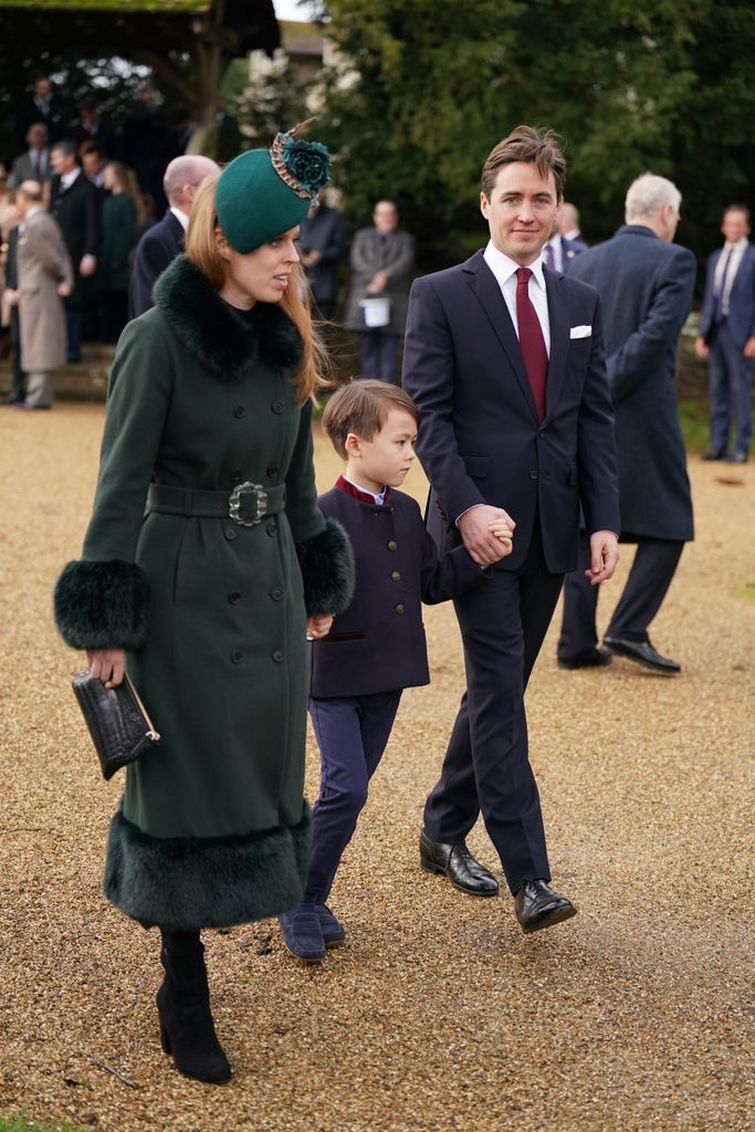 Princess Beatrice, Edoardo Mapelli Mozzi and his son Christopher Woolf attending the Christmas Day morning church service at St Mary Magdalene Church