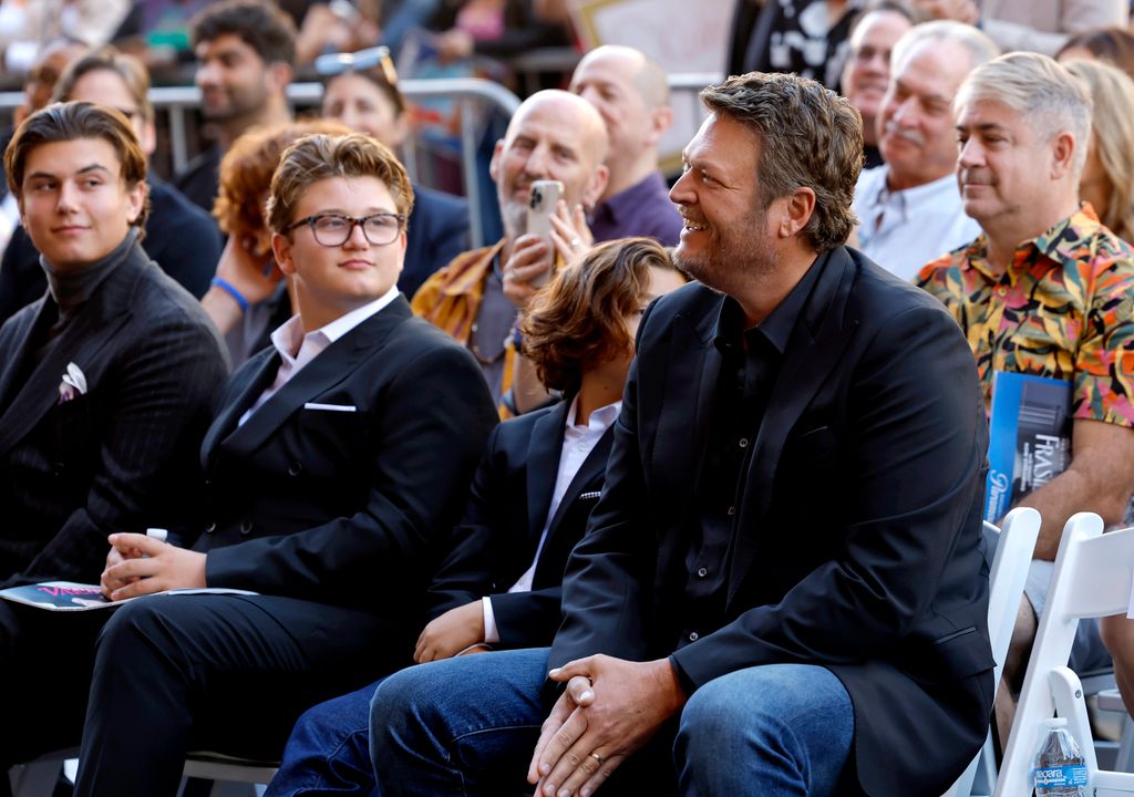 Kingston Rossdale, Zuma Rossdale, Apollo Rossdale and Blake Shelton attend the Hollywood Walk of Fame Star Ceremony Honoring Gwen Stefani on October 19, 2023 in Hollywood, California