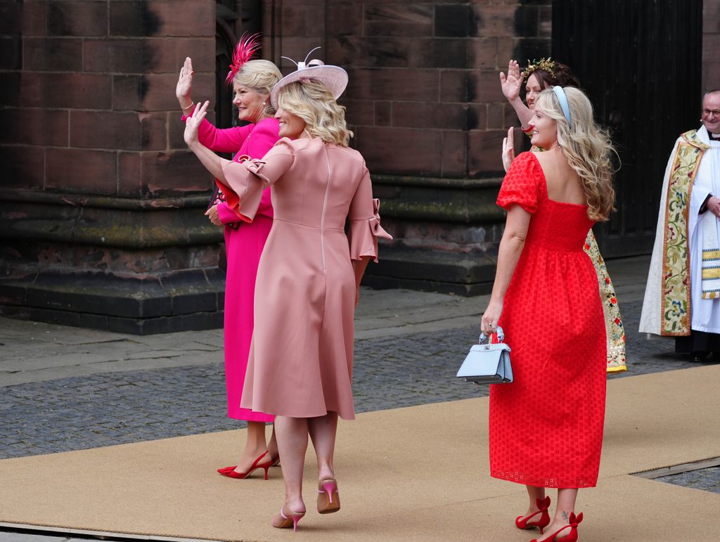 Natalia walked into the cathedral with the groom’s three sisters, Lady Tamara Grosvenor, Lady Viola Grosvenor and Lady Edwina Grosvenor, to cheers from the crowds outside
