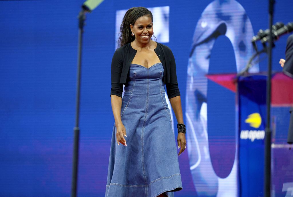 Former first lady of the United States Michelle Obama attended and spoke at a ceremony honoring 50 years of equal pay at the 2023 U.S. Open tennis championships inside Arthur Ashe Stadium at the USTA Billie Jean King National Tennis Center in Flushing New York on August 28, 2023.