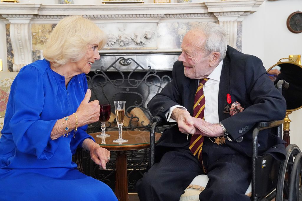 Queen Camilla speaking with an old man in a wheelchair