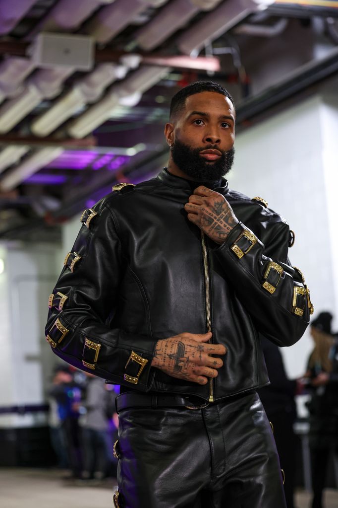 BALTIMORE, MD - JANUARY 28: Odell Beckham Jr. #3 of the Baltimore Ravens arrives prior to the AFC Championship NFL football game against the Kansas City Chiefs at M&T Bank Stadium on January 28, 2024 in Baltimore, Maryland. (Photo by Perry Knotts/Getty Images)