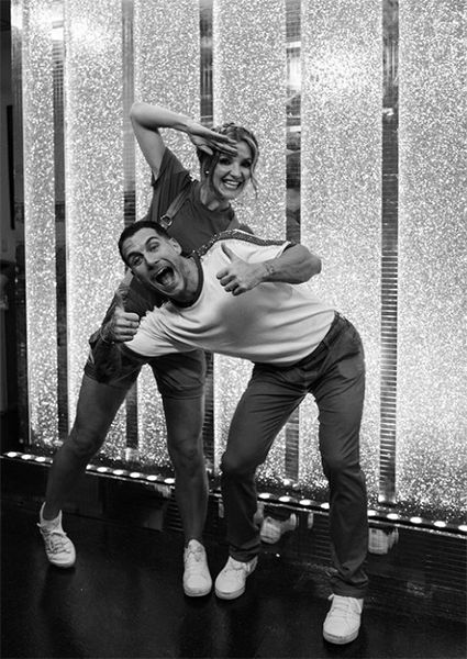 Black and white photo of Helen Skelton and Gorka Marquez pulling faces