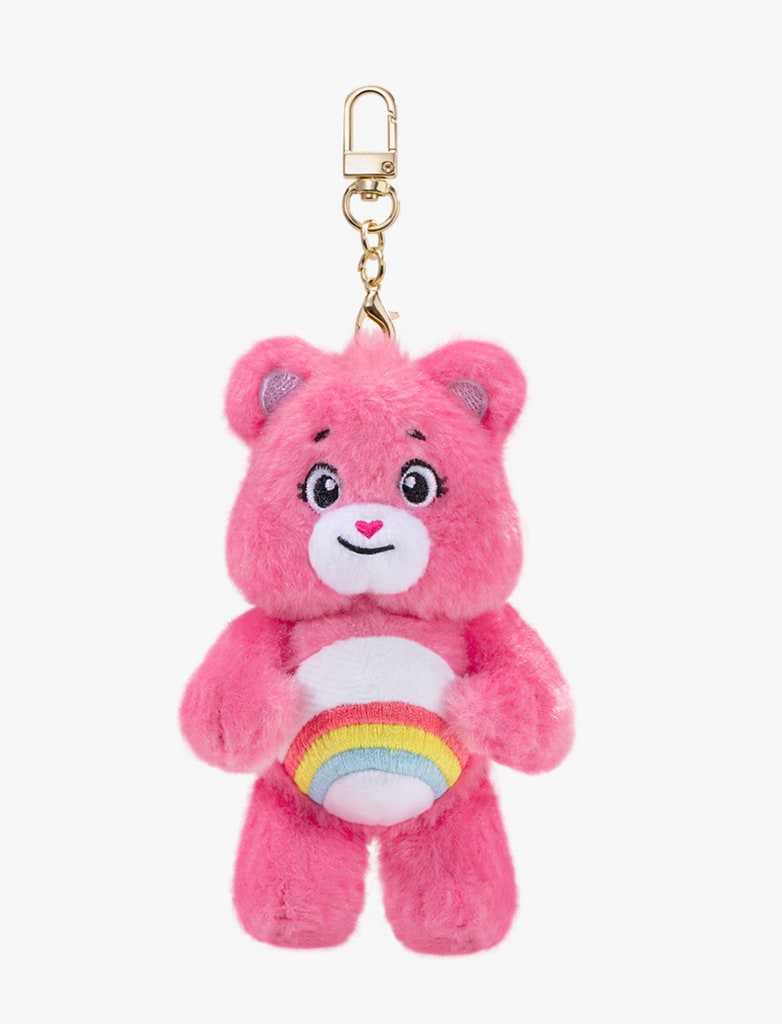 A pink CareBear keychain from Pop Mart