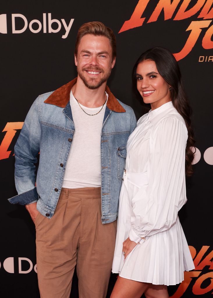 Derek Hough and Hayley Erbert at the premiere of "Indiana Jones and the Dial of Destiny" held at the Dolby Theatre on June 14, 2023 in Los Angeles, California. (Photo by Christopher Polk/Variety via Getty Images)