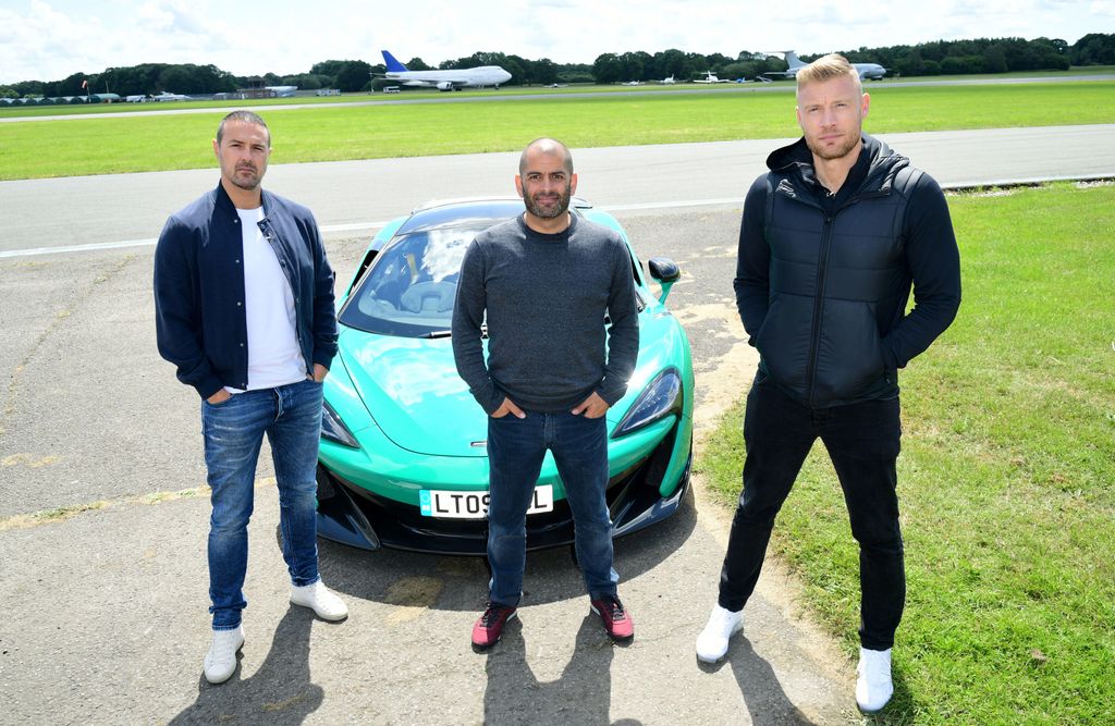 Paddy McGuinness, Chris Harris and Jamie Redkanpp in front of a sports car