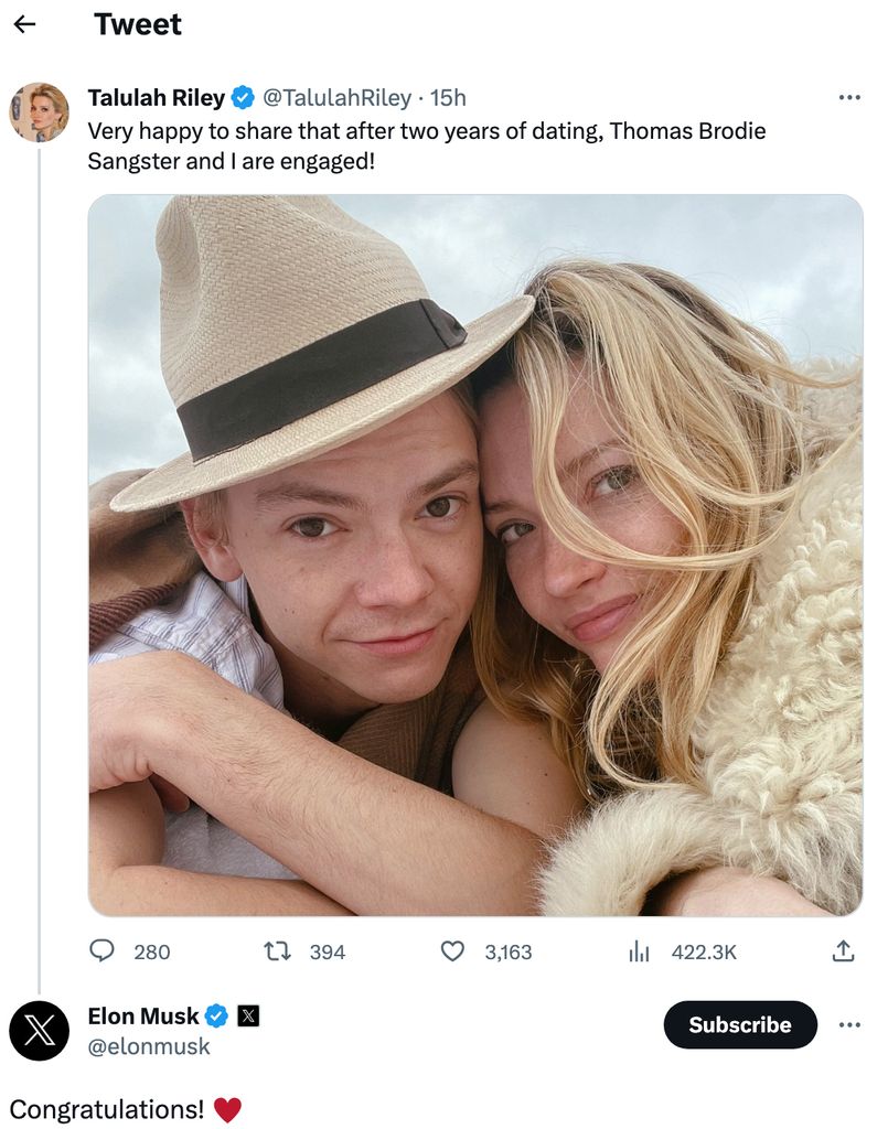 Elon's ex-wife Talulah confirmed her engagement to Thomas Brodie-Sangster on Twitter 