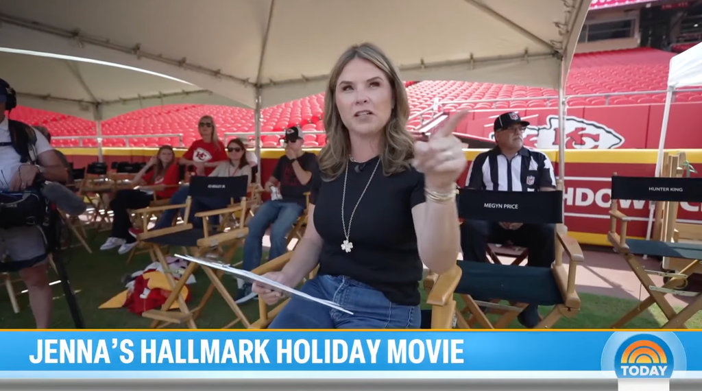 Still from the Today Show on Monday, November 25, 2024 in which Jenna Bush Hager is sharing a glimpse into her time filming for the movie Holiday Touchdown: A Chiefs Love Story