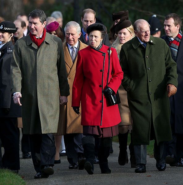 Princess Anne, Prince Charles and Prince Philip walking to church on Christmas Day