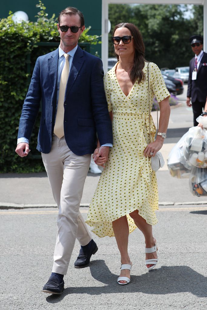  Pippa Middleton and James Matthews attend day 11, the Mens semi-finals at the Wimbledon 2019 Tennis Championships at All England Lawn Tennis and Croquet Club on July 12, 2019 in London, England.