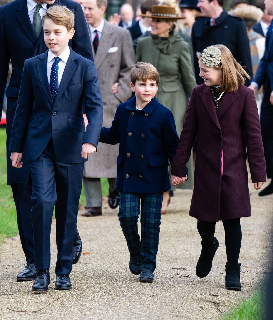 Prince George of Wales, Prince Louis of Wales and Mia Tindall attend the Christmas Morning Service at Sandringham Church on December 25,