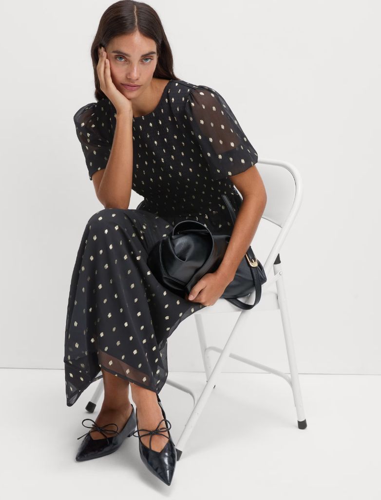 m&s Metallic Spot Print Midi Waisted Dress