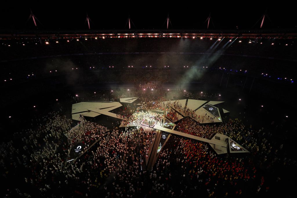 A general view inside the stadium as French Indie Rock Band Phoenix perform during the Closing Ceremony of the Olympic Games Paris 2024 at Stade de France on August 11, 2024 in Paris, France.