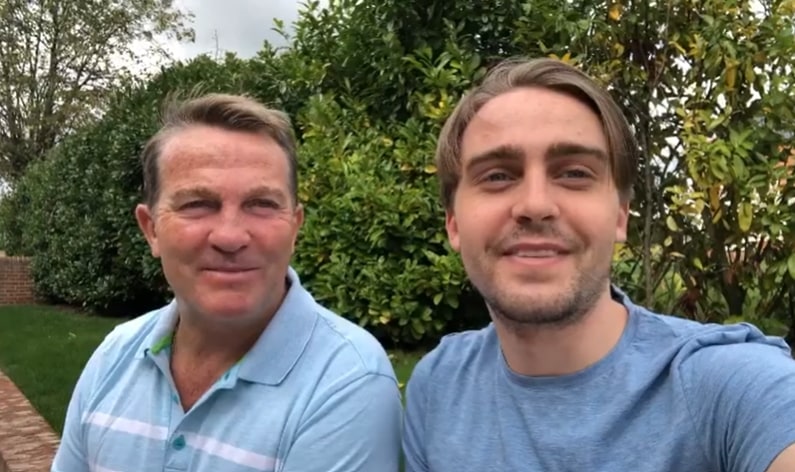 Bradley Walsh in his garden with his son, Barney