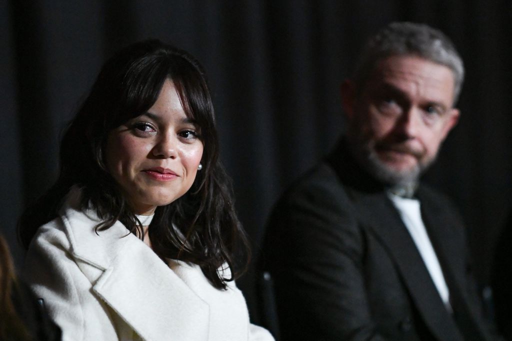 PALM SPRINGS, CALIFORNIA - JANUARY 11: (L-R) Jenna Ortega and Martin Freeman speak onstage during the screening of "Miller's Girl" at the Palm Springs International Film Festival on January 11, 2024 in Palm Springs, California. (Photo by Jon Kopaloff/Getty Images for Lionsgate)