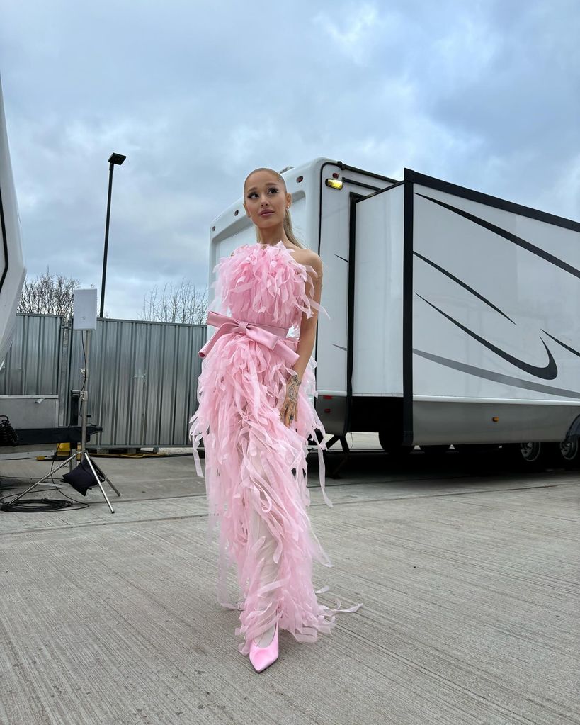Ariana in a pink feathered dress 