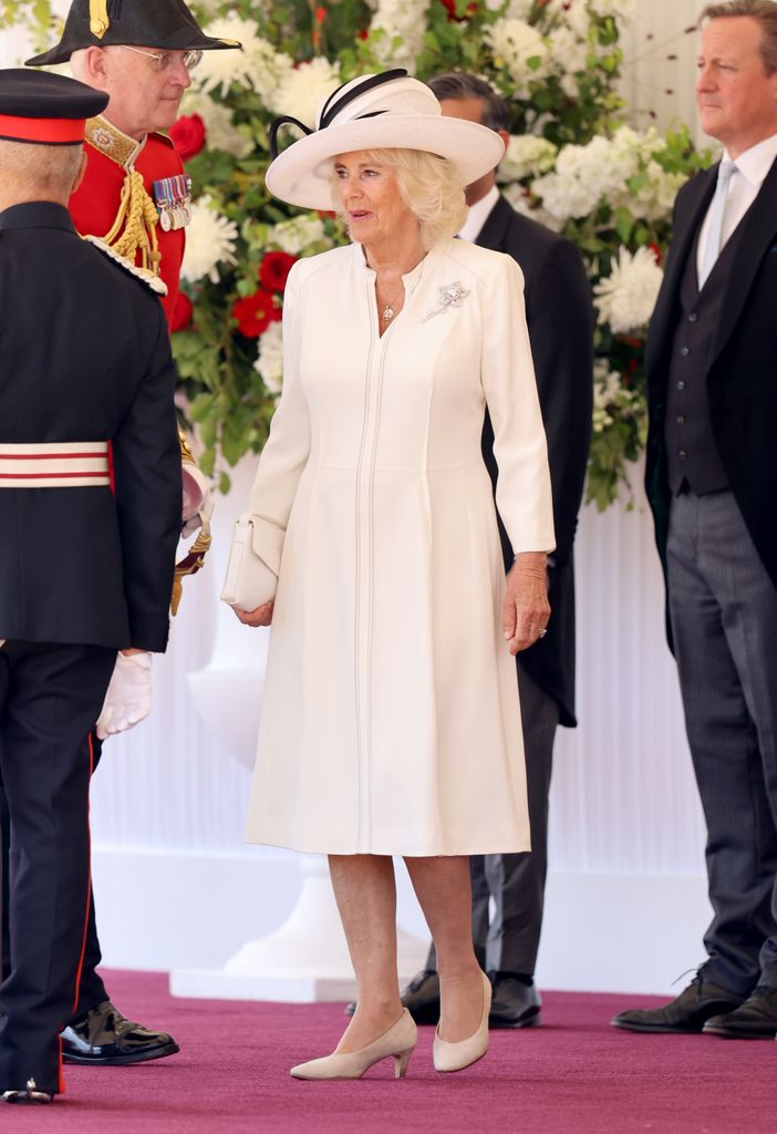 Queen Camilla smiles ahead of the Ceremonial Welcome of Emperor Naruhito and Empress Masako of Japan